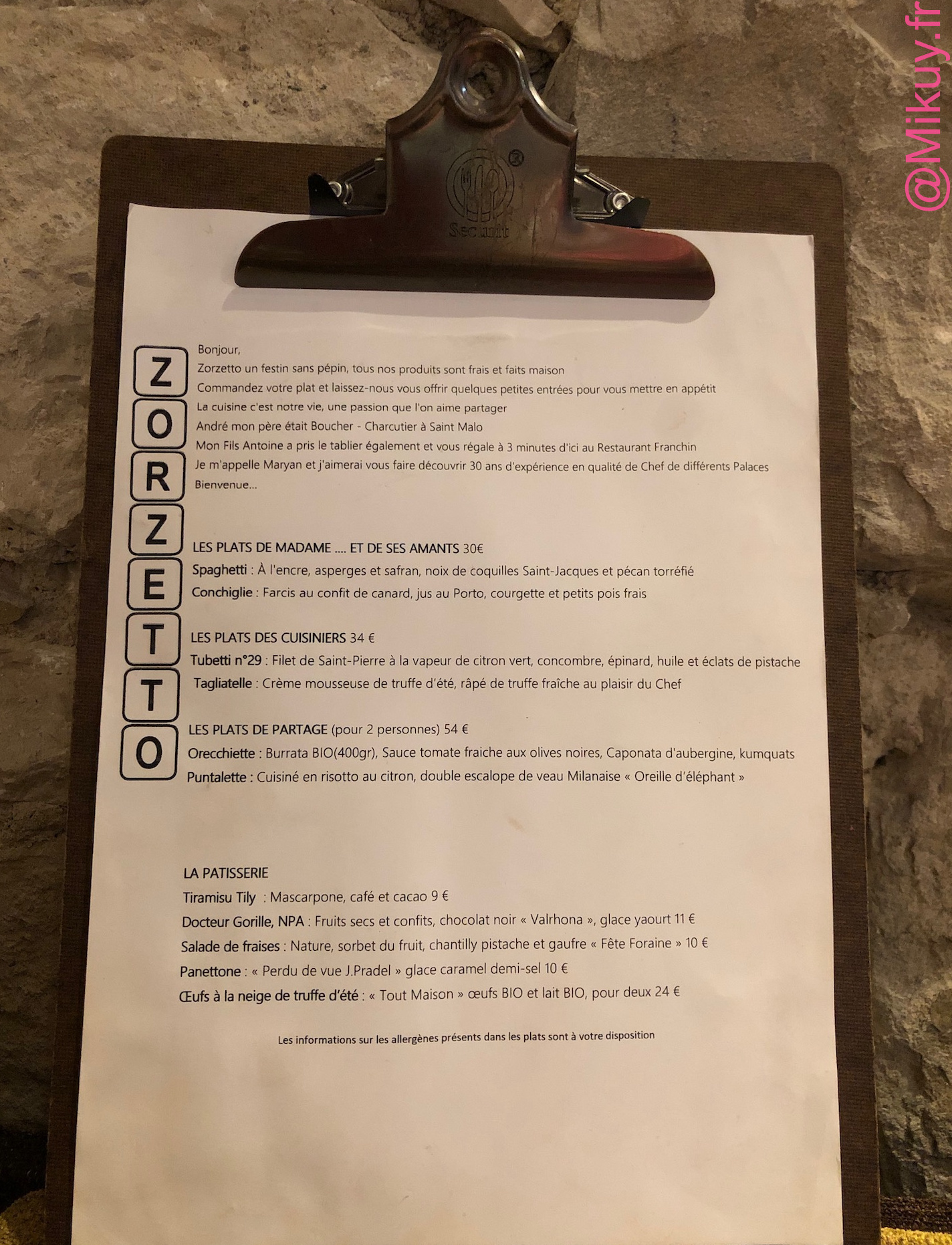 Le menu de Zorzetto